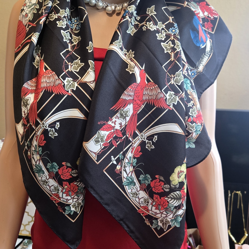 Elegant Black Silk Scarf with Red and Green Accents